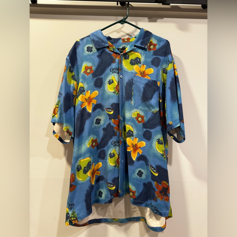 Vintage Silk Bugatchi Blue Shirt with Colorful Floral Design